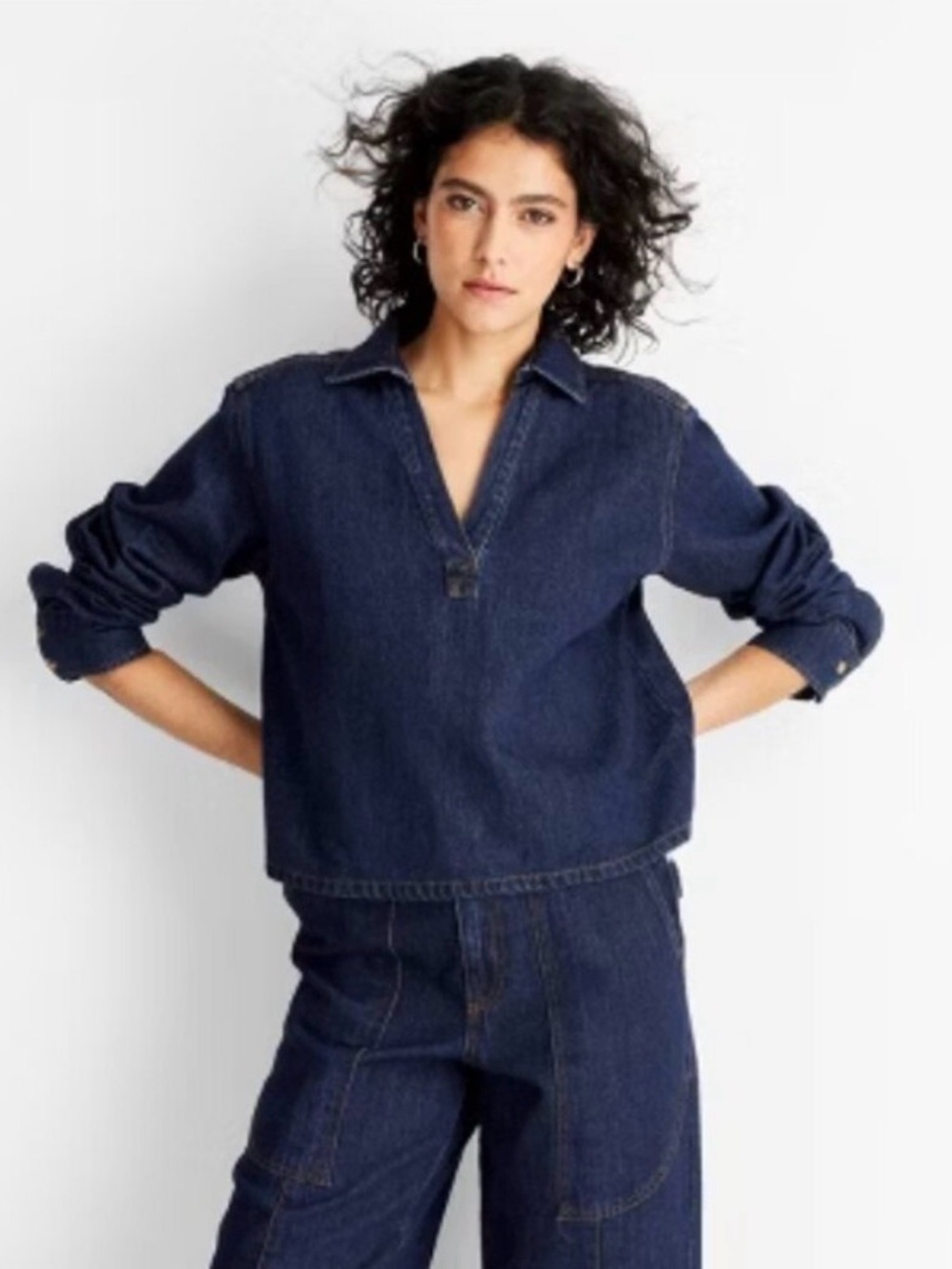 Future Collective Dark Blue Denim Wash Pullover Shirt. Size Medium